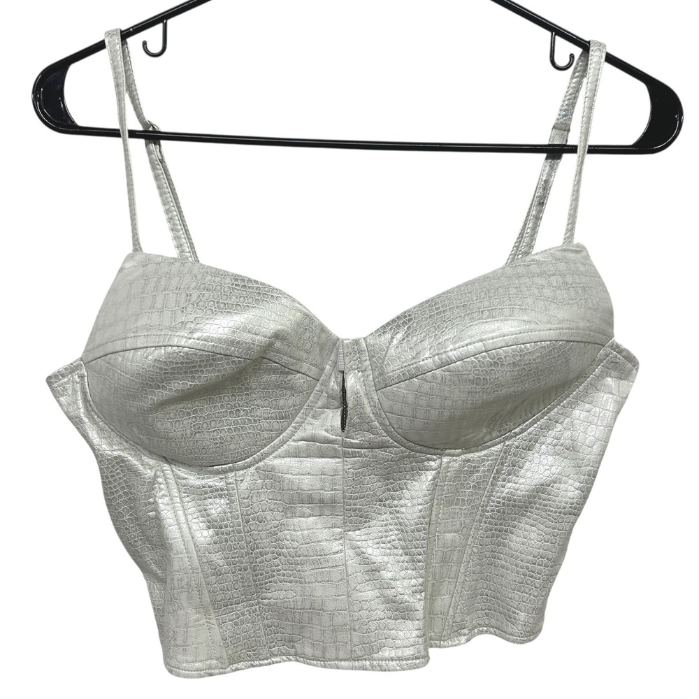 Metallic Faux Leather Corset M Silver Croc Embossed Going Out Bustier Crop Top‎